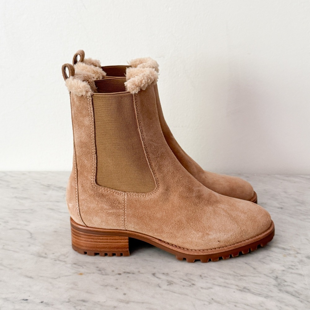 Talbots Suede Faux Fur Lined Chelsea Boots 8.5M Tan Lug Sole Ankle Booties - Picture 4 of 6